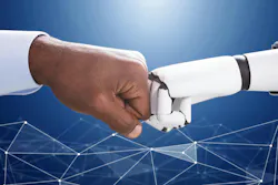 illustration of man and robot bumping fists to indicate man's trust in technology and artificial intelligence